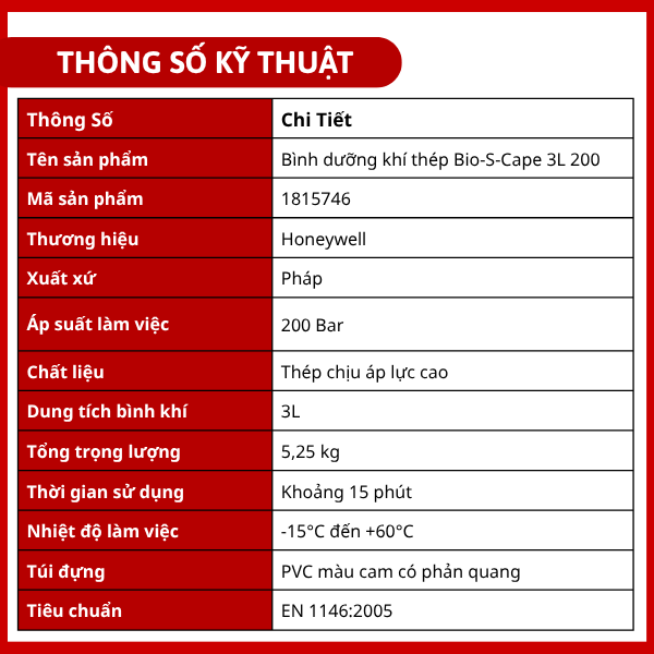 Thông số của bình dưỡng khí thép Bio-S-Cape 3L 200