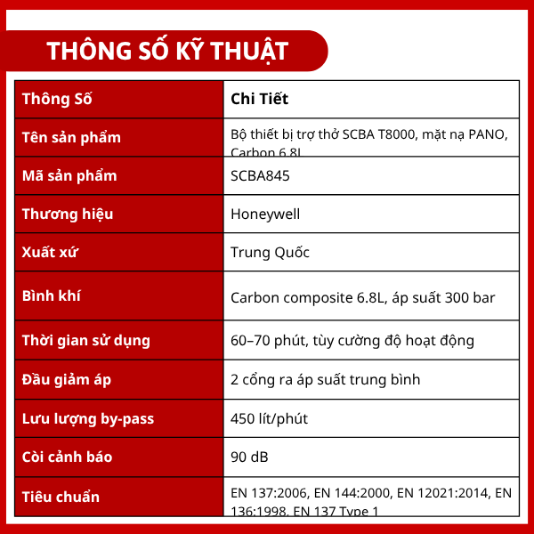 Bộ thiết bị trợ thở SCBA T8000, mặt nạ PANO, Carbon 6.8L
