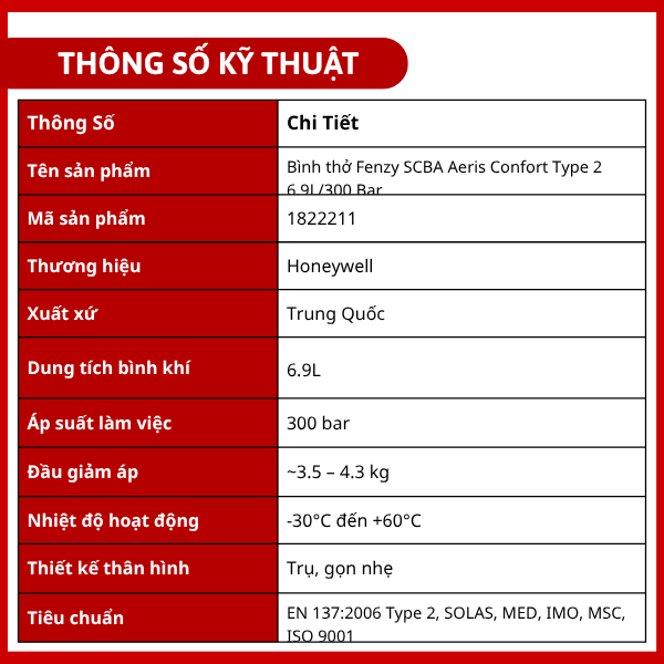 Bình thở Fenzy SCBA Aeris Confort Type 2 6.9L/300 Bar
