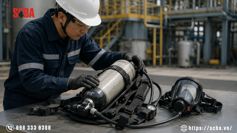 Bước 1 – Kiểm tra tổng thể tình trạng bên ngoài của SCBA cho nhà máy